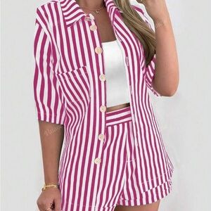 Set de 2 piezas, camisa de manga corta a rayas con bolsillo y shorts casual